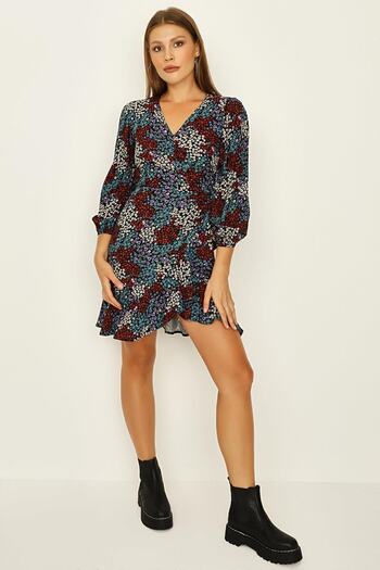 Select Moda Rochie mini cu volan cu fustă cu decolteu în V cu model albastru
