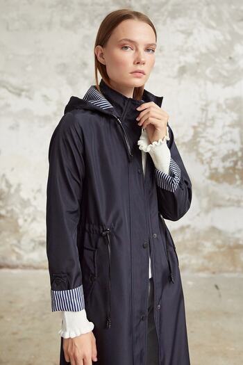 InStyle Lined Stripe Pattern Trench Coat - Navy Blue