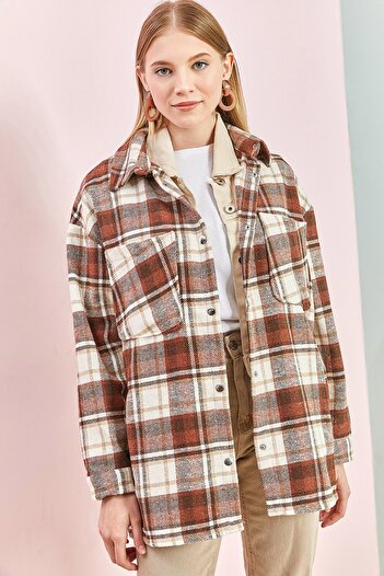 Bianco Lucci Women's Plaid Pattern Shirt with Rubber on the Back