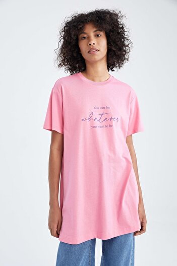 DeFacto Oversize Fit Crew Neck Foil Printed Short Sleeve T-Shirt Tunic