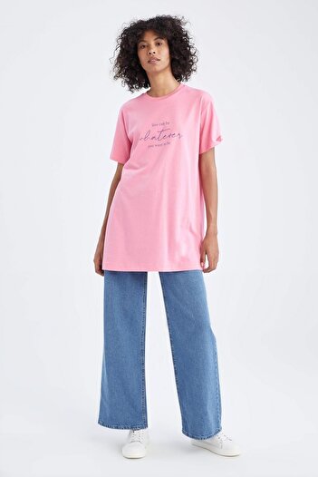 DeFacto Oversize Fit Crew Neck Foil Printed Short Sleeve T-Shirt Tunic