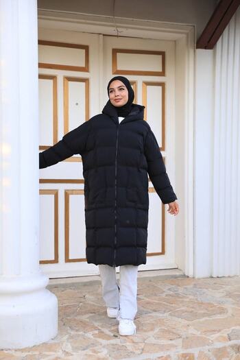 Qenz Double Zippered Loose-Fit Hooded Black Puffer Coat