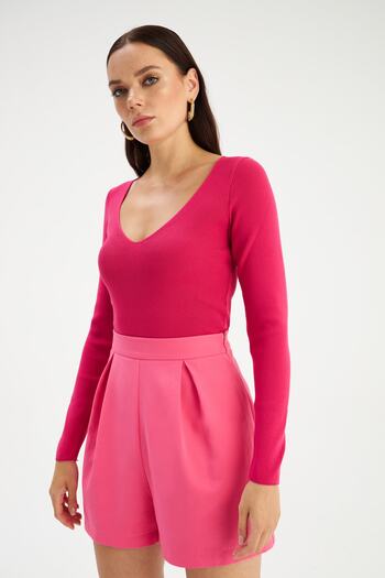 Sateen V Yaka Triko Crop - Fuşya