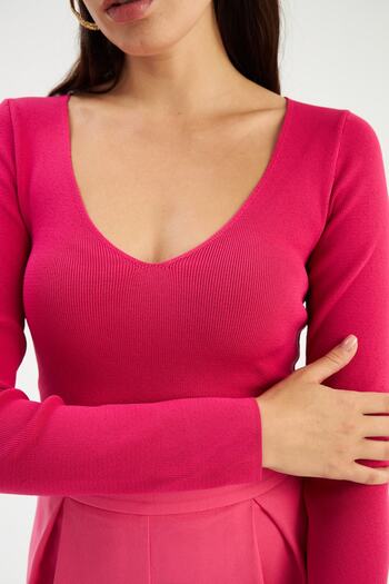 Sateen V Yaka Triko Crop - Fuşya