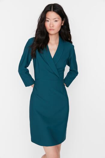 Trendyol Collection Rochie mini țesută cu guler jachetă în linie A benzină TWOAW23EL00384