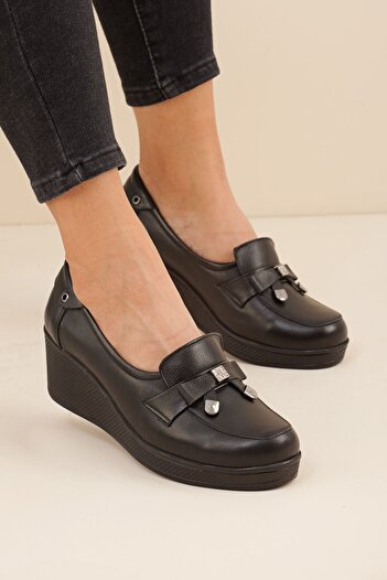 Adım Adım Women's Black Genuine Leather Orthopedic Shoes (Buy 1 Size Larger)