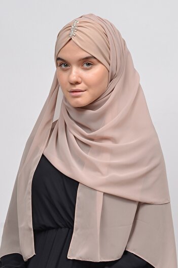 Altobeh Κομψό Stone Draped Ready Practical Chiffon Hijab Shawl-Light Latte