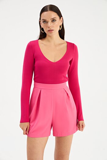 Sateen V Yaka Triko Crop - Fuşya