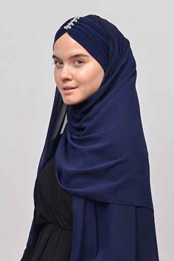 Altobeh Κομψό Stone Draped Ready Practical Chiffon Hijab Shawl-σκούρο μπλε