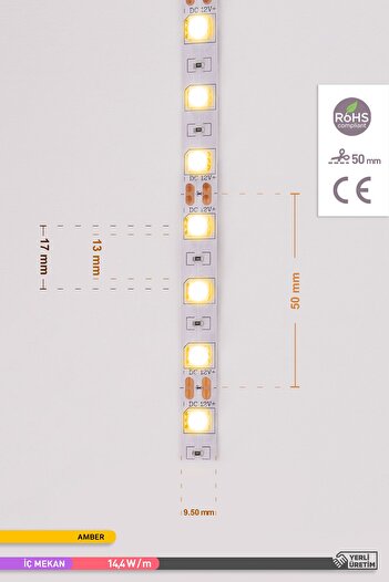 ACK 5 Metre Şerit Led Üç Çipli 60 Ledli Amber Işık 14.4 Watt Led Işık