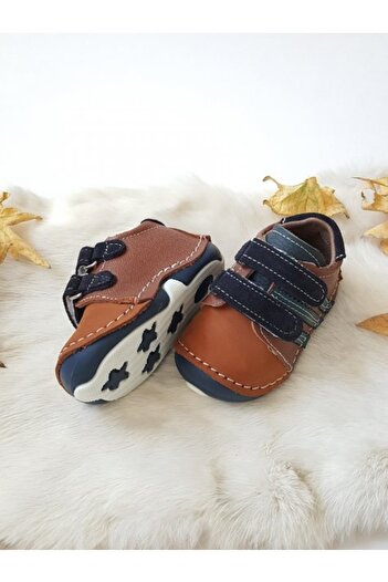 Hodore Felix Genuine Leather Unisex Kids Sneakers Tan-navy blue