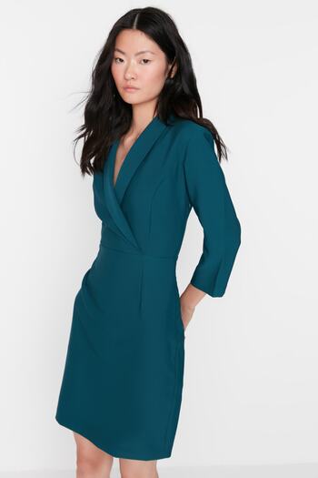 Trendyol Collection Rochie mini țesută cu guler jachetă în linie A benzină TWOAW23EL00384