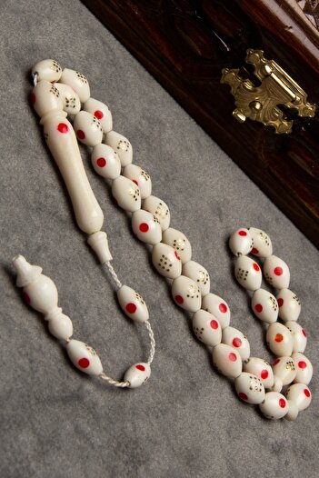 OTTOTESBİH Red Enamel Embroidered Tasseled Barley Cut Camel Bone Rosary - 6x9mm