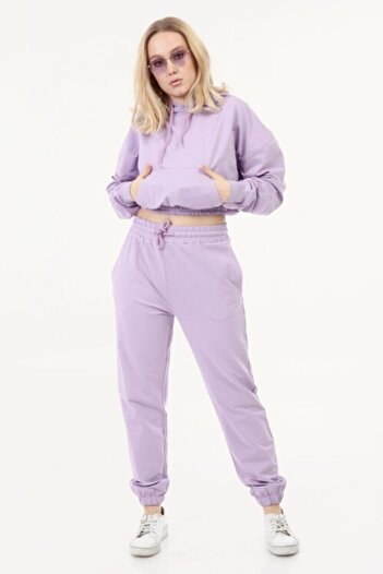 İkmal Kadın Lila Crop  Model Kapüşonlu Takım