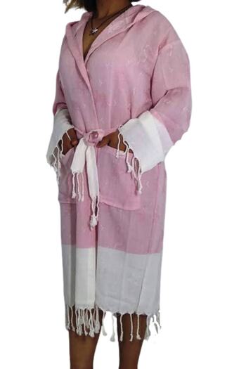 acartekstil Cotton Jacquard Peshtemal Hooded Bathrobe Pink S