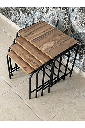 ASLANSTORE 4'lü Metal Zigon Sehpa | Ceviz Renk, Modern Tasarım, Metal Ayaklı Valencia