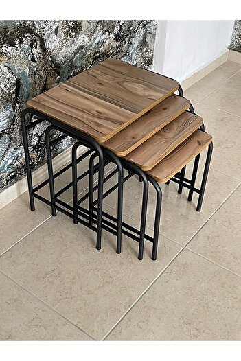 ASLANSTORE 4'lü Metal Zigon Sehpa | Ceviz Renk, Modern Tasarım, Metal Ayaklı Valencia