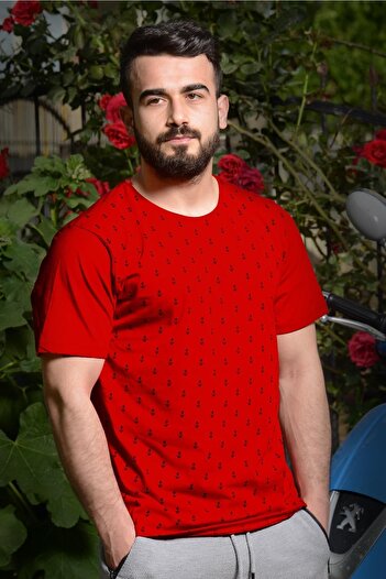 Azıcık Akıllı Men's Red Anchor Printed Short Sleeve Crew Neck T-Shirt 20etshcapa