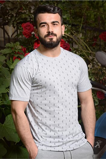 Azıcık Akıllı Men's Gray Anchor Printed Short Sleeve Crew Neck T-Shirt 20etshcapa