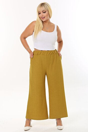 Mooi XXL Women's Olive Green Wide Leg Stretchy Wrinkled Fabric Trousers