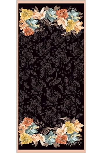 19V69 ITALIA Black Salmon Shawl Floral Pattern Pavia Series with Scarf Hanger and Gift Set 90x200 Cm
