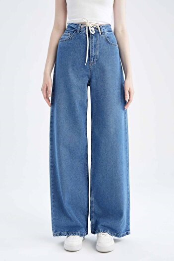 DeFacto Wide Leg High Waist Lace Detailed Jean 100% Cotton Trousers