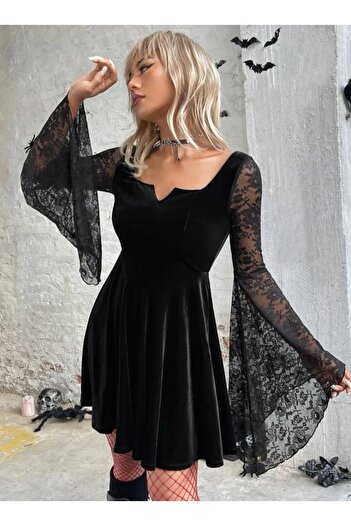 Styling Park Dantel Kollu Kadife Mini Elbise