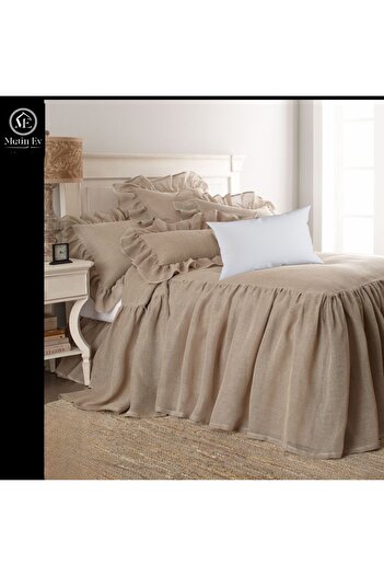 METİNEV Double Cotton Linen Bedspread Set Beige Color
