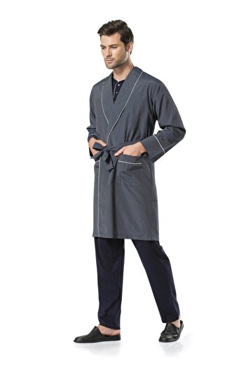 Pierre Cardin 5560 Men's Navy Blue Combed Cotton Long Sleeve & Claret Red Short Sleeve Pajamas and Robe Dowry Set