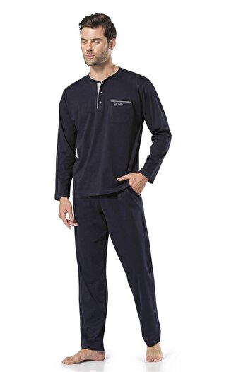 Pierre Cardin 5560 Men's Navy Blue Combed Cotton Long Sleeve & Claret Red Short Sleeve Pajamas and Robe Dowry Set