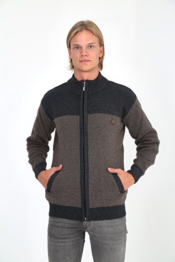 WİLDONE Men's Brown Zippered and Pocketed Cardigan