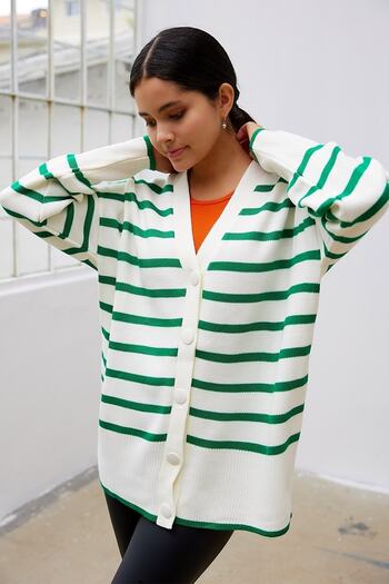 InStyle Navi Stripe Patterned Knitted Cardigan - Green