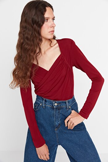 Trendyol Collection Claret Red Padded Drape Detailed Fitted/Body-Sitting Flexible Snap-On Knitted Body TWOAW22BD0156