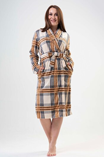 VİENETTA Women's Plus Size Brown Fleece Dressing Gown201035-0063