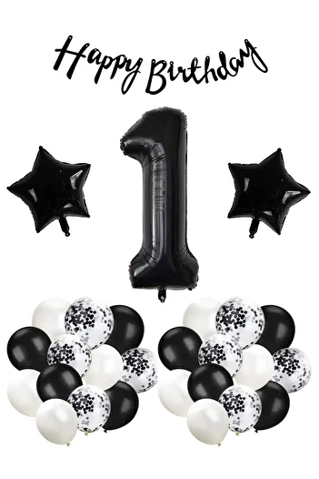 Patladı Gitti Σετ γιορτής γενεθλίων Black Concept 1 Year Old; Μαύρο μπαλόνι καραμέλας, φύλλο αστεριών αριθμών και πανό