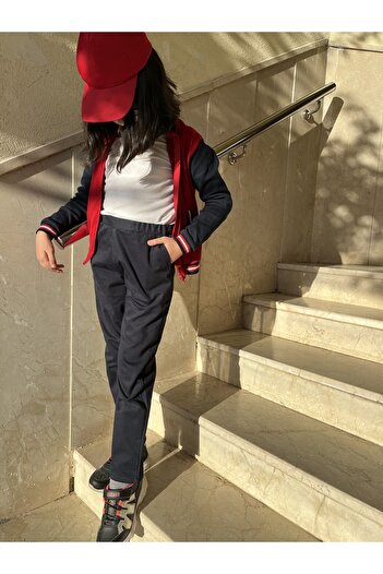 ÇAĞLA KURT Girl's Navy Blue School Pants with Elastic Waist and Pockets