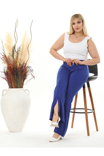 LİKRA Women's Large Size Front Slit Flare Leg Flexible Steel Interlock Trousers
