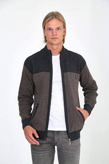 WİLDONE Men's Brown Zippered and Pocketed Cardigan
