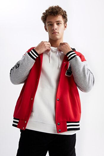 DeFacto Oversize Fit College Collar Bomber Printed Soft Furry Cardigan