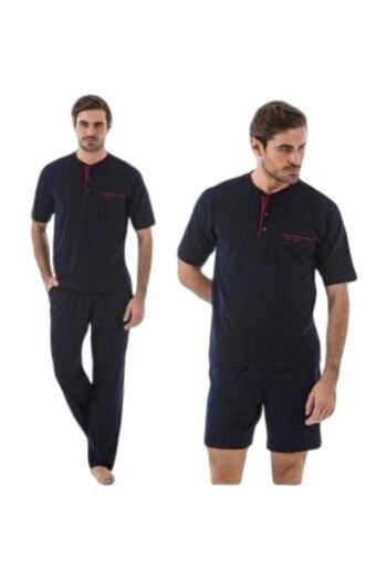Pierre Cardin Men's Navy Blue 3-Piece Groom Dowry Combed Cotton Pajama Set