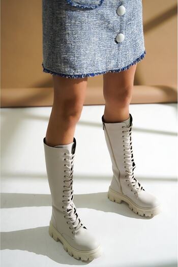DİVOLYA Maksy Beige Lace Up Side Zipper Daily Women's Boots