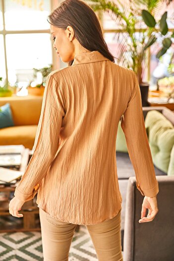 Olalook Women's Camel Jacquard Textured Woven Shirt GML-19001043