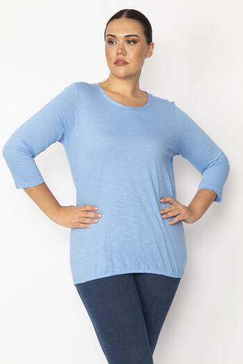 Şans Women's Large Size Blue Hem with Elastic Detail Capri Sleeve Slim Striped Blouse 65n34394