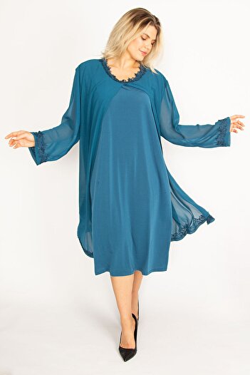 Şans Women's Large Size Petrol Chiffon Cape Lace Detailed Evening Dress 65n34506