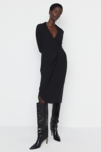 Trendyol Collection Λεπτομερές υφαντό φόρεμα μαύρο γιακά TWOAW23EL01114