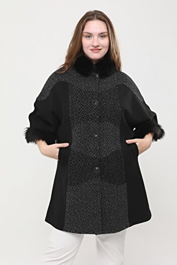 Laden Steel Knitwear Silvery Women's Double Breasted Sleeve Snap Fur Collar Black Large Size Thick Winter Mother Cardigan