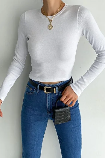 Ortaya Çık White Long Sleeve Crew Neck Blouse