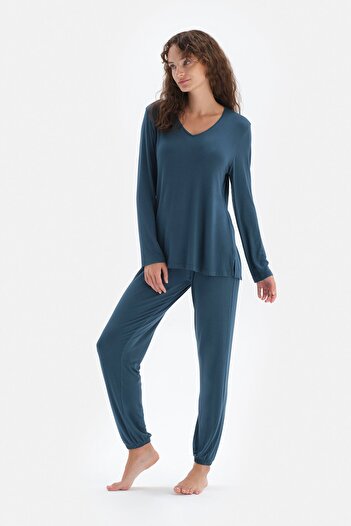 Dagi Petrol Mavisi V Yaka Uzun Kol Biye Detaylı Üst Jogger Pijama Takım