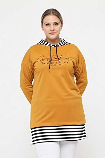 tarzımsüper Plus Size 100% Cotton Spring Comfort Model with Side Slits and Line Detail Hooded Sweatshirt