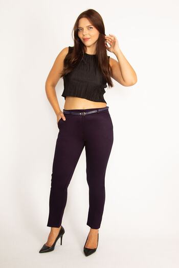 Şans Women's Large Size Plum Back Trim Flota and Side Pocket Belt Accessory Fabric Trousers 65n24040